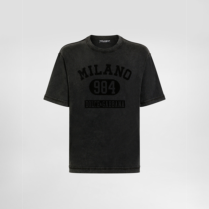 dolce & gabbana milano letter flocked print washed cotton t-shirt